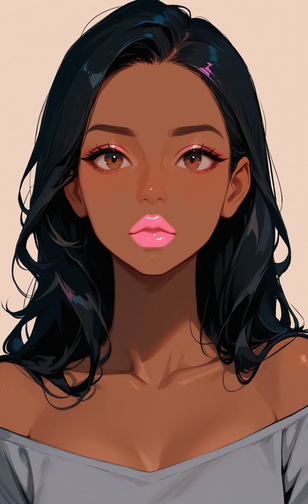 masterpiece, best quality, good quality, very awa, very aesthetic, absurdres, newest, 1girl, animification, black hair, brown background, brown eyes, collarbone, dark-skinned female, dark skin, grey shirt, hair behind ear, long hair, off-shoulder shirt, off shoulder, pink lips, pink nails, portrait, shirt, solo, straight-on <lora:ponyv6_noobV1_2_adamW-000017:0.7> <lora:USNR_STYLE_XL_lokr:0.45> <lora:EtherSDXL:0.15>