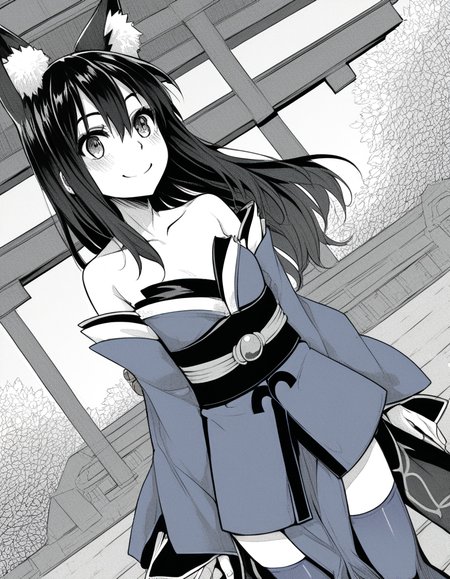 score_9, score_8_up, score_7_up, source_anime, sakiyoshida, <lora:saki-yoshida-manga-ponyxl-lora-nochekaiser:1>, saki yoshida, long hair, hair between eyes, monochrome, greyscale, black hair,, <lora:tamamo-no-mae-cosplay-ponyxl-lora-nochekaiser:1>, tamamonomaecosplay, tamamo no mae \(cosplay\), animal ears, bare shoulders, blue kimono, blue thighhighs, detached sleeves, fox ears, fox tail, japanese clothes, kimono, obi, sash, collarbone, thighhighs, wide sleeves,, shrine, smile, blush,, cowboy shot, dutch angle, solo,
