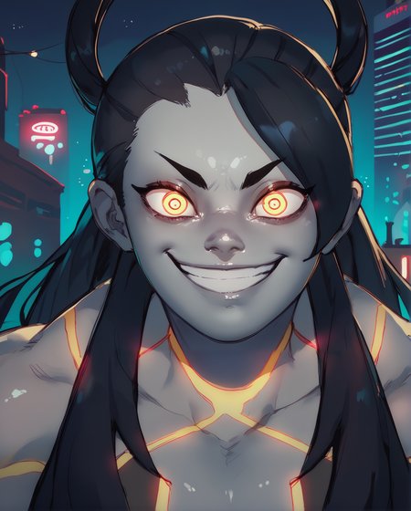 score_9,score_8_up,score_7_up,
sethxl,yin yang orb,black hair,hair rings bang,long hair,yellow eyes,
neon trim,colored skin,     crazy eyes,    
looking at viewer,smile,
cityscape,night,<lora:SethXL:1>,