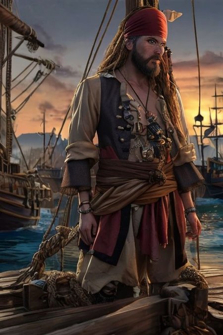 (masterpiece:1.2), (best quality,:1.2), 8k, HDR, ultra detailed, ((photorealistic)), professional light, cinematic lighting, fashion photography, ambient lighting, atmospheric effects, <lora:detail_slider_v4:2>, <lora:zoom_slider_v1:4>, a (male) pirate, long hair, beard, <lora:PirateGarb:0.5>, in a pirate harbor on a pirate island, <lora:PirateRealms:0.8>, PiRe, epiCPhoto