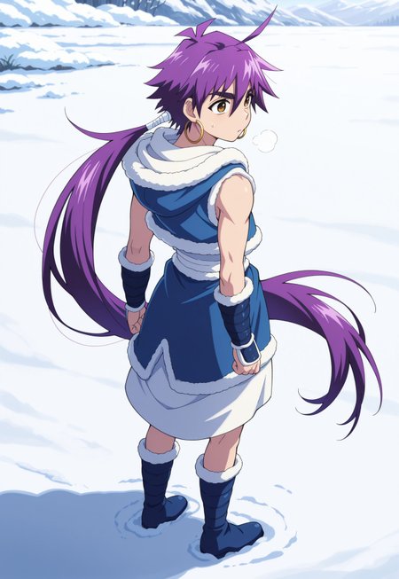 masterpiece,best quality,amazing quality, source_anime, 

Shindobaddo, 1boy, male focus, solo, brown eyes, purple hair, long hair, ponytail, hoop earrings, hood, fur trim, white tunic, blue jacket, sleeveless, wrist guards, boots, fur-trimmedboots, blue footwear, outdoor, snow,