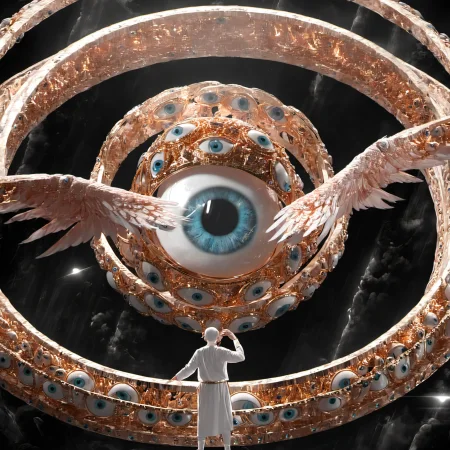 seraphins, mystical creature with hundreds of eyes and wings, with the shape of a giant ring, circular hoops around body, massive size, angelical lights <lora:Seraphins1.0-000038:0.8>