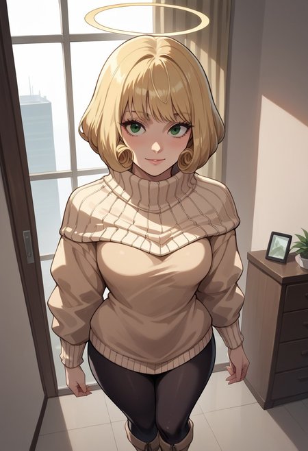 score_9_up, score_8_up, score_7_up, score_6_up, score_5_up, score_4, source_anime, 1girl, halo, blonde hair, short hair, bangs, curly hair, green eyes, beige sweater, black pantyhose, beige boots, 
solo, cinematic lighting, dynamic angle, unique angle, skin tight, looking at viewer, bedroom, medium breasts, big butt, hips, thighs, above view, standing, smile