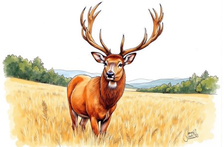 Sharp image of a rough sketch, rendered in vibrant multi colour ballpoint pen, capturing the adorable features of a large deer standing in a field of tall grass. The deer has a reddish-brown coat and large antlers that are spread out in all directions. Its head is turned slightly to the side and its eyes are looking directly at the camera. In the background, there are trees and hills, and the sky is overcast. The overall mood of the image is peaceful and serene.  p3nsk, <lora:p3nsk:1>