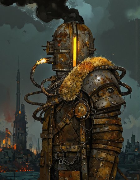 Art by Ismail Inceoglu.
Dieselpunk entity clad in heavy, oil-slicked metal armor, covered in rivets and gears. Faceless iron mask with a single vertical slit emitting a dull yellow light, marred by rust and soot. Twisting cables snake from the head, sparking with electricity. Cloak of black smoke pours from exhaust vents. Background of a dark, industrial wasteland with towering smokestacks and ruined factories.
dynamic composition, dramatic lighting, deep shadows, dof, cinematic. Buildings, decaying building, ancient city.