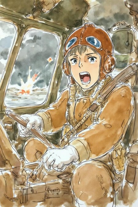 hayaomiyazaki2 illustration.
 A female pilot screaming inside the cockpit of a World War II bomber. The pilot, wearing a vintage leather flight helmet with goggles and a bomber jacket, grips the controls with white-knuckled hands. Her face is contorted in a mix of fear and determination as she yells, her eyes wide with adrenaline. The cockpit is cramped and filled with old-fashioned dials and gauges, with the outside view showing dark stormy clouds and distant anti-aircraft fire  <lora:hayaomiyazaki2_cap_d8a4:1.0><lora:861018167181337808:0>