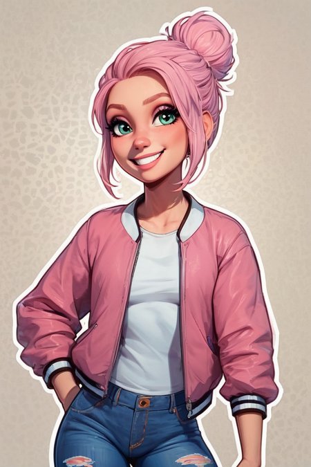 score_9, score_8_up, score_8, medium breasts, (curvy), cute, eyelashes,       BREAK, , zzBrooklynn, pink hair, single hair bun, pink jacket, denim pants,  <lora:Brooklynn_Jurassic_Park_PDXL_v2:0.7>, , BREAK, smile, looking at viewer,  abstract background, white outline, cowboy shot, embedding:zPDXL, Expressiveh, <lora:CatalystStylePDXL:0.6>,  <lora:SDXLFaeTastic2400:0.5>,  <lora:Expressive_H-000001:0.4>,