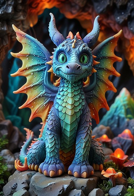 (medium full shot) of (legendary dragon) with mint green eyes, four-legged, psychedelic prismatic scales, armored scales, flame-tipped wings, short horns, wearing a enchanted pendant, set in  a spacious mountain cave, featuring intricate rock formations, bioluminescent fungi, a magical ambiance, at dawn,  Masterpiece,best quality, very aesthetic