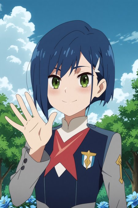  ichigo,1girl,solo,short hair,uniform,military_uniform,military,hair ornament,hairclip,looking at viewer,light smile,upper body,waving BREAK outdoors,blue sky,cloudy_sky,blue flower,blue theme,tree with blue flowers  <lora:Ichigo_-_Darling_in_the_franxx.safetensors:0.8> <lora:detailed_backgrounds_v2.safetensors:0.5>