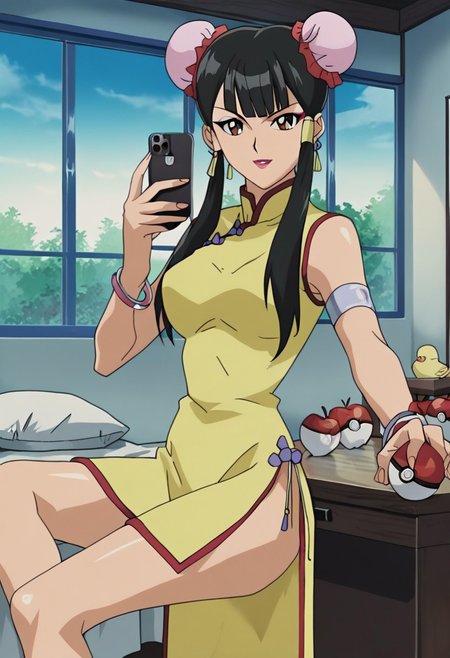 score_9, score_8, score_7_up, source_anime, anime_coloring, anime_screenshot, highres, rating_questionable
YGOVivianWong, 1girl,  long hair, black hair, hair bun, double bun, bun cover, hair tubes,  bangs, sidelocks, makeup, lipstick, brown eyes,  jewelry, earrings, dress, china dress, chinese clothes, bracelet, legs, thighs
seductive, naughty face, bedroom, window, bed, pillows, detailed background, mirror, selfie, cellphone holding cellphone, blue cellphone, solo pokeball_(/basic/), table, food, apples, chicken,  solo