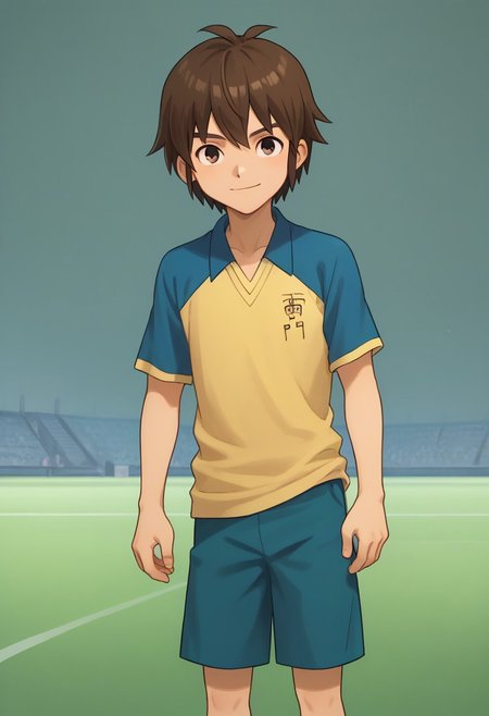 score_9, score_8_up, score_7_up, source_anime, highly detailed, 
handa, 1boy, male focus, solo, brown hair, hair between eyes, brown eyes, sportwear, raimon, soccer uniform, raimon soccer uniform, shirt, raglan sleeves, blue shirt, yellow shirt, short sleeves, shorts, blue shorts, smile
outdoor,