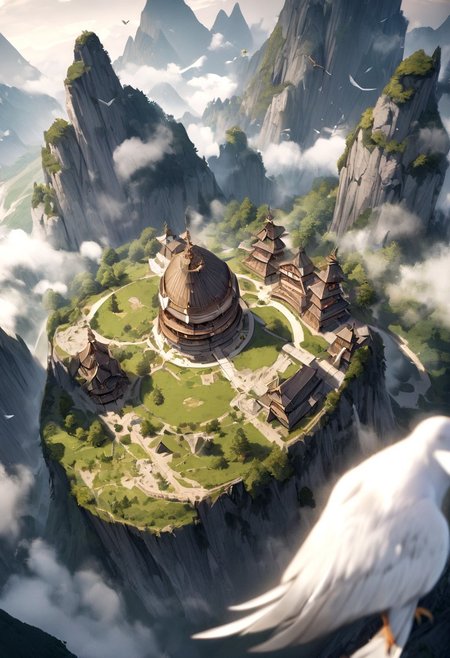 masterpiece, best quality, high detailed, fantasy landscape, from above, birds eye view,  ancient, magical,1 girl, medium breast