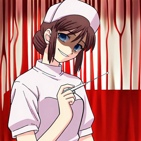 masterpiece, best quality, hospital room, blood splatters, blood smears, holding, holding needle, injection needle, looking at viewer,  head tilt, shaded eyes, horror theme, looking down at viewer, looming over viewer, <lora:Tsukihime NXL:1>1girl,shirakawa_miho,blue eyes,brown hair,single hair bun,large breasts,nurse, blood smeared walls, blood smeared background, blood splattered background, bloody uniform, nurse_cap ,scary smile, glassy eyed smile, cheerful smile, bubbly pose, <lora:shirakawa_miho-illus:0.9>,solo