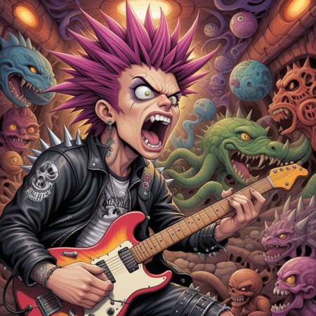 lsd-art, acid-art, trippy,  , scenery, looking at viewer, Punk rocker baseball style head spiked hair playing in guitar screaming into microphone side profile shot whimsical underground art style