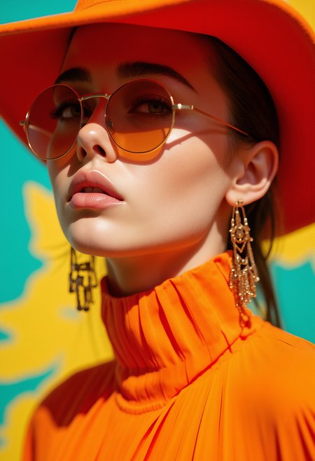 A close-up portrait of a young woman with light, smooth skin and a slender neck, wearing a vibrant, pleated orange blouse with a high collar that wraps around her neck. She has full, slightly parted lips with a natural pinkish tint. Her eyes are partially obscured by round, orange-tinted sunglasses with thin golden frames. The woman wears a wide-brimmed red hat that covers the top of her head and casts a soft shadow over her face. Her hair is tied back, with a few loose strands framing her face. She is wearing long, delicate earrings with intricate gold designs. The background is a bright, vibrant mix of turquoise and yellow, with abstract patterns that add a modern and artistic feel to the image. The overall atmosphere is stylish and fashion-forward, with a focus on bold colors and clean lines. The lighting is soft and even, enhancing the vivid colors and the smooth texture of her skin. The image is sharp and highly detailed, capturing the elegance and sophistication of the subject.   <lora:FluxDFaeTasticDetails:0.8>   <lora:aidmaImageUpgrader-FLUX-V0.1:0.33> detailmaximizer, <lora:Sinfully_Stylish_.02_for_FLUX-000002:0.6>