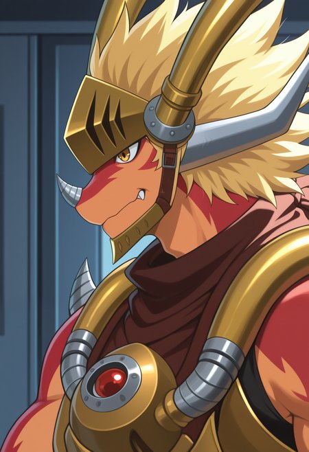 masterpiece,best quality,amazing quality, 1boy, solo, bunk3r, dragon boy, draogn horns, helmet, gold horns, red cape, gold chest armor, close up, side angle,