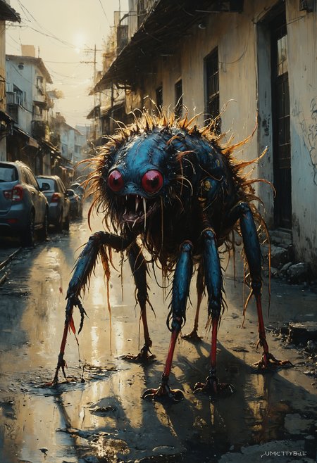 Crawling creature with twitching appendages, Golden hour, <lora:Melting_world:0.8>, <lora:gorgoeus_splash_of_vibrant_paint:0.7> Gorgeous splash of vibrant paint