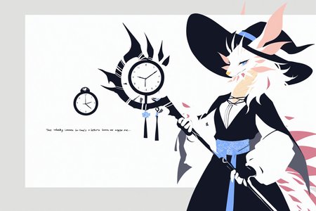 cowboy shot,holding a mage staff,minimalism,(no lineart:1.1025),(faceless:1.1576),simple background,blending,flat color,limited palette,outside border,black cape,white hair,messy hair,long hair,blue eyes,Witch hat,blue sash,blue doodle,white theme,blue eyes,looking_at_viewer,white hair,long hair,wavy hair,black  dress,black skirt,blue_ inner_hair,black fingerless gloves,gloves,sash,sliver_trim,clock pattern,fashion),framed,flower,pattern design,trim,jewelry,two-tone_background,grey border,text,masterpiece,best quality,amazing quality,very aesthetic,absurdres,alternate_costume,best quality,amazing quality,very aesthetic,absurdres,best quality,amazing quality,very aesthetic,absurdres,
<lora:MIZUTSUNE-ILL-ADAM-V3-000008:1>,mizu,dragon boy,1boy,upper body,1boy,furry,furry male,white shirt,yellow nose,