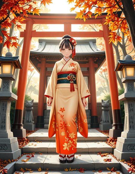looking at viewer,A graceful Japanese woman standing in front of a traditional Inari shrine, wearing an elegant mauve kimono adorned with intricate floral patterns. Her dark hair is styled in a classic updo, decorated with delicate kanzashi hair ornaments. She has a serene and contemplative expression as she gazes towards the shrine. The scene is set in the late afternoon, with soft golden sunlight filtering through the vibrant red torii gates that create a tunnel leading to the shrine. The ground is covered with autumn leaves in warm shades of red, orange, and yellow. Stone fox statues, draped with sacred red bibs, guard the entrance, adding to the shrine's mystical aura. Traditional stone lanterns emit a soft, warm glow, enhancing the spiritual and tranquil ambiance. The background features lush greenery, contrasting with the shrineâs vivid vermillion hues. The image is in a photorealistic style, with high dynamic range lighting, capturing every intricate detail from the fabricâs texture to the play of light and shadows, evoking a sense of peace and tradition.
<lora:SDXLFaeTastic2400:0.4> <lora:extremely_detailed:0.4> extremely detailed, <lora:Inari_shr1n3:1>,Inari shr1n3, Masterpiece,best quality,hi res,8k,hi res,8k,award winning,(sharp focus, intricate, highly detailed),