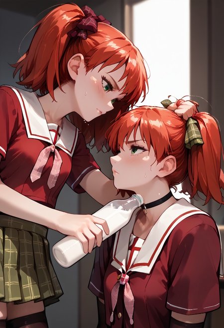 score_9, score_8_up, score_7_up,  flat breasts, score_6_up,source_anime,rating_explecit, masterpiece, best quality, 8k, 8k UHD, ultra-high resolution, ultra-high definition, highres, 1girl, ((kokoa shuzen, twintails, green eyes, red hair, hair bow, short hair)),  small breasts, small stature, choker, BREAK score_9, score_8_up, score_7_up, rating_explicit, room background, detailed background, slight blush, krekkov style, sweaty,  short skirt,  stockings, navel, skirt, thighhighs, school uniform, black thighhighs, plaid, serafuku, red shirt, short sleeves, ((petite skinny body, fit skinny body)), ((forcedtodrink, grabbing another's hair, bottle, hand on another's head, 2girls, holding bottle, milk, looking at another, upper body,))