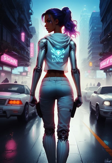 (score_9, score_8_up, score_7_up),  volumetric lighting, vivid colours, Expressiveh, g0thicPXL, female cyborg, C7b3rp0nkStyle, futa_overflow, cyber arms, dark skin, purple hair, cybernetic iris, ice blue eyes, white sleeveless hoodie, pink one piece, white joggers, bulge, running, looking back, running from cops, front shot, night life, neon, glowing, city street, cars going by.