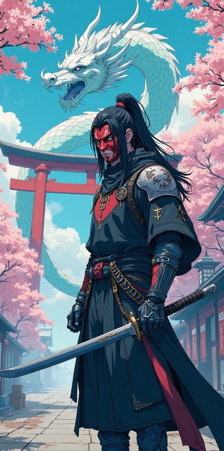 A digital anime artwork in the style of cklg,  upper body shot, of a male ronin, (wonderful mechanized robotic creatures, such as cyborgs, robots, heavy mechs), long black hair, oni mask, holding an elegant katana japanese sword, combat stance, cherry blossoms ,(in the background a glittering etheral asian dragon), handwritten symbols, a  torii, japanese temple,
<lora:ck-nc-luminal-genesis:1>