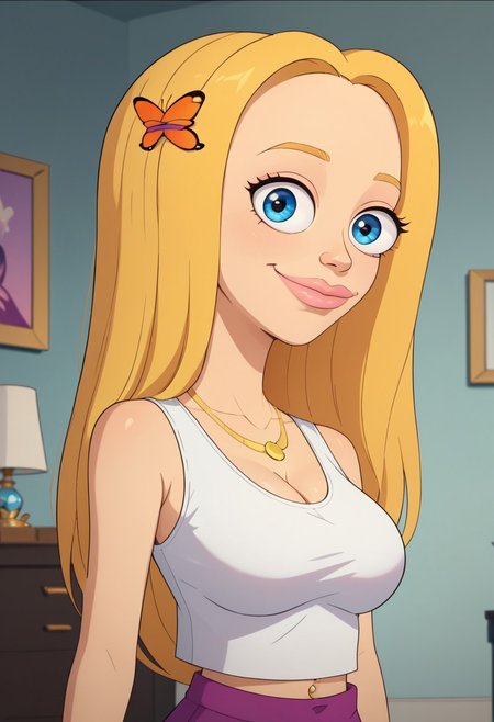 ((bedroom background)),score_9, score_8_up, score_7_up,score_6_up, 
1girl, Solo, Leah_BM, light skin, blue eyes, blonde eyebrows, blonde hair, long hair, butterfly hairclip, pink lips, white sleeveless crop top, long skirt colour vibrant violet, pink sandals, golden necklace, golden belly button piercing, three golden bracelets, golden ring, social smile, big eyes, sexy face, close-up, face photo, perfect eyes, perfect smile, looking at the viewer, big breasts