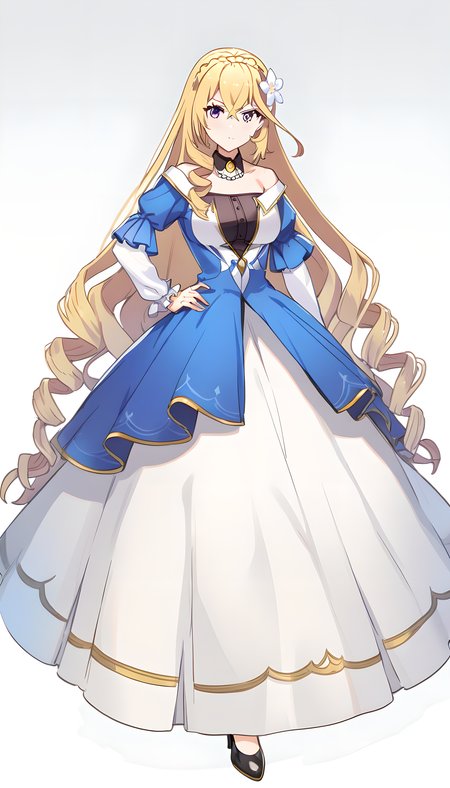 lieselotte_riefenstahl, 1girl, solo, blonde hair, long hair, dress, high heels, purple eyes, flower, hair ornament, hair flower, hand on hip, breasts, blue dress, white background, full body <lora:XL-Lieselotte_Riefenstahl:1>