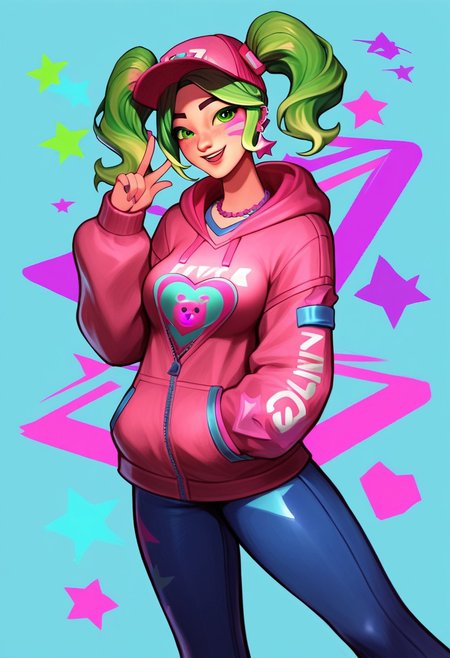 score_9, score_8_up, score_7_up, score_6_up, score_5_up, score_4_up, source_anime, zoey from Fortnite, Zoey, Twintails, pink shoulderless hoodie, pink cap, green hair, neon green twintails, zoey \(fortnite\), <lora:Zoey:0.45>, eyes looking viewer, extremely luminous bright design, extremely pastel colors, (night futuristic utopic disco background:1.4), pastel colors, dancing upbeat, smile, full neon lights dance suit, full body, high quality, highres, 1girl,