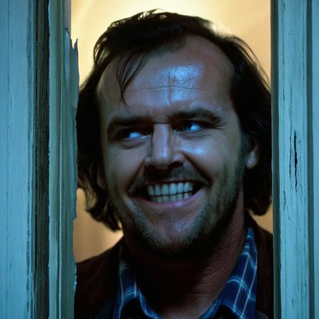 UHD, 4k, ultra detailed, cinematic, a photograph of  <lora:perfection style:0.5> <lora:detailed:0.5> perfection detailed
 <lora:The Shining film style:0.9>
 <lora:1980's style:0.4>
Jack Torrance In the 1980's in the Colorado Rocky Mountains a psycho laughing man with a beard and a creepy iconic smile on his face peaking out of a broken door,solo,looking at viewer,smile,open mouth,blue eyes,black hair,1boy,male focus,teeth,facial hair,thick eyebrows,portrait,beard,meme,realistic,mustache,horror (theme) , cinematic, film, kodak, The Shining film style, here's johnny style, epic, beautiful lighting, inpsiring