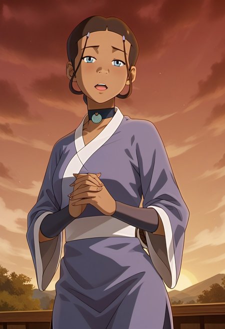 score_9, score_8_up, score_7_up, realistic, realism, HD, perfect quality, 16k, very detailed, realistic lighting, detailed face, BREAK, (((good_hands))), (((perfect eyes, bedroom eyes, (light smile:0.5)))),  BREAK, solo, 1girl, (((Katara-BookWater, blue eyes, short hair, brown hair, hair ornament, dark skin, dark-skinned female))), eye_focus, ((medium breasts, big ass)), (bedroom eyes), looking at viewer, nervous, seductive, sensual, medium body size, slightly small neck, plumb body, voluptuous hips and thighs, curvy body size, microwaist, (feminine body, soft body:1.5), BREAK, dark skin, brown hair, dark-skinned female, cloud, sky, open mouth, choker, grey eyes, japanese clothes, hair ornament