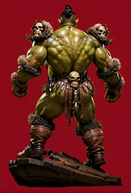 red background,,ruanyi0781,orc,monster boy,green skin,beard,full body,no humans,skull,from behind,<lora:0781 Grommash Hellscream_v1_pony:1>, score_9,score_8_up,score_7_up,,8k,1girl,solo,,