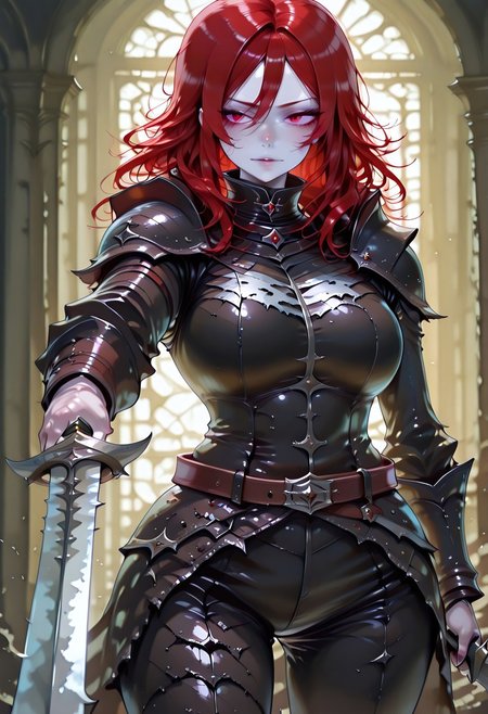 masterpiece, best quality, highres, absurdres, amazing quality, high resolution, 
Red Eyes, Red Hair, pale skin, Black Medieval Armor, leather straps, body coverage
curved blade
holding weapon, pointing sword,