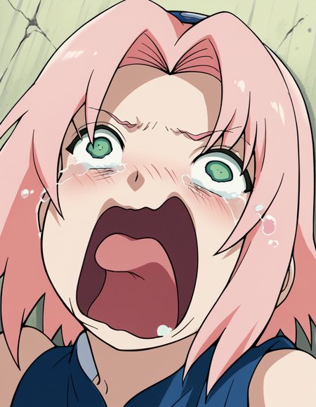 score_9, score_8_up, score_7_up, source_anime, <lora:sakura-haruno-s1-ponyxl-lora-nochekaiser:1>, sakura haruno, medium hair, green eyes, pink hair, parted bangs,, <lora:crying-aqua-ponyxl-lora-nochekaiser:1> crying aqua, crying aqua (meme), screaming, crying, crying with eyes open, tears, tongue, open mouth,, ,