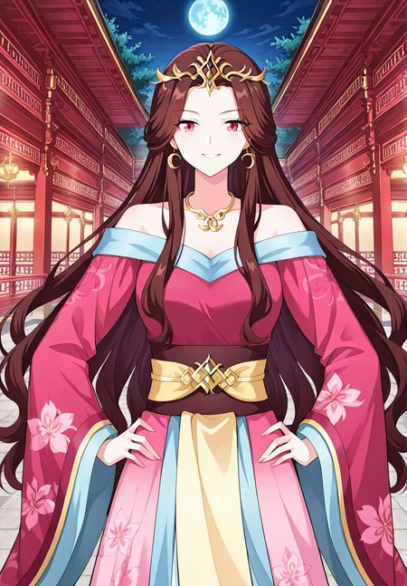 <lora:Owner_Yao__Battle_Through_the_Heavens__Illustrious:1>
1 girl, solo, long hair, brown hair, slightly wavy hair, hair down, center hair part, red eyes, 
traditional chinese dress, off-shoulder dress, wide sleeves, layered sleeves, floral pattern, pink dress, blue trim, yellow sash, hair ornament, gold crown, golden jewelry, ornamental necklace, earrings, elegant dress, chinese fantasy style, bare shoulders, collarbone
score_9, score_8_up, score_7_up, very aesthetic, source_anime, detailed, high quality, beautiful, masterpiece, very aesthetic, high definition, amazing quality, highres, absurdres, outdoors, looking at viewer, smile, grin, hands on hips, night, blue moon