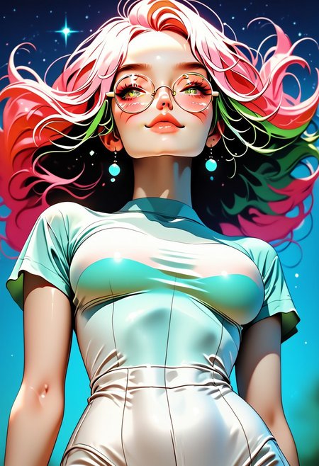 score_9, score_8_up, score_7_up, g4n1m3, comic book page style, 1girl,
gorgeous girl , kawaii girl , cute face , beautiful eyes, (medium breasts), (lush breasts), looks at the viewer, emphasis on the chest, very long hair, tightly braided ponytail, girl 18 years old, fair skin, milky skin, young, shy smile, Scandinavian girl, tight green T-shirt, neon  acid-colored hair, night, thick lips, dimples, on the bed, weak lighting, round glasses, boring, slutty girl, under the chest, leaning back,
fat, thin, like a fat woman, narrow waist, dynamic angle, tight trousers, cameltoe,