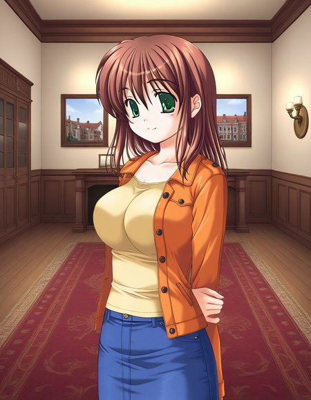 general,highres, ultra-detailed,very aesthetic,best quality ,best hands,  BREAK <lora:Yotsutani_Asako_IS:1>YotsutaniAsako, 1girl,solo, brown hair, green eyes, large breasts, long hair,
 1girl, solo, denim, blue skirt, orange jacket, smile, jeans, denim skirt, Yellow sleeve, down arms,
Western-style building, room, carpet,