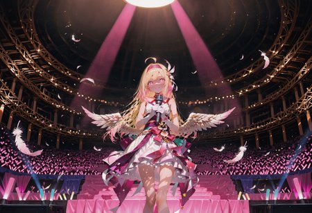 Front view,low angle,Standing,holding mic,serene smile,singing

1 girl,petite,(waist length hair:1.2), straight hair,blonde hair, (vibrant pink accents hair:1.1),fair skin,pink eyes, sparkling eyes,ahoge,small wings on hips,floating feathers,idol

Sleeveless white dress with pink accents,white long glove,head band, feathers hair ornament, feathers design

glimmer,sparkling,stage,(music concert:1.4),(spotlight:1.1),glow stick,(Bokeh:1.3),negative space,wide shot

Cunnystyle,748cmstyle,Smooth_Quality,masterpiece,best quality,amazing quality, aesthetic,(vibrant colors:1.4),(bold lines:1.3),(saturated:1.3),