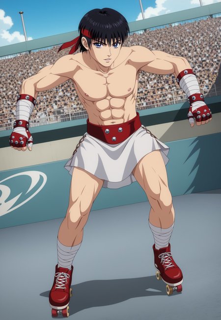 masterpiece, best quality, amazing quality, very aesthetic, absurdres, newest, (retro artstyle:1), cestanim, red headband, short black hair, bangs, blue eyes, cestus, bandaged hands, studded red gloves, red belt with three studs, plain white kilt, red sandals, toned body, bandaged ankles, (action pose:1), looking at viewer, skateboard, skatebingbing,