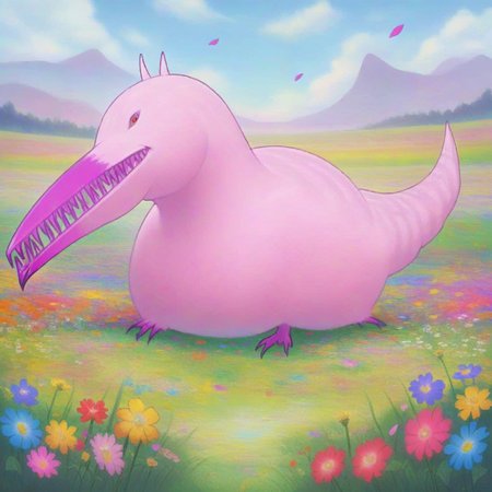 The giant Wossum Matriarch with her long beak and sharp teeth waddles through a field of vibrant wildflowers, her usually intimidating visage replaced by a look of pure joy. Her offspring frolic alongside her, their own tiny beaks and teeth nibbling on the colorful petals. Wholesome and heartwarming, Studio Ghibli inspired, lush scenery <lora:240527_WOSSUM:0.9>
