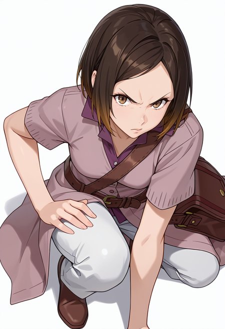 Smooth Quality,masterpiece,very intricate, high quality details, ultra realistic, high detailed skin,detailed enviorement,absurdres,
simple background, white background,solo,
crouching, one hand on ground, other on knee, intense gaze, balanced stance,  ,from above,angry,
 <lora:Kirara_Mizutani_cnn:0.8> 1girl, short hair, brown hair, multicolored hair, two-tone hair, brown eyes, at viewer, upper body,shirt, short sleeves, collared shirt, coat, pants, purple shirt,brown belt, shoulder bag,