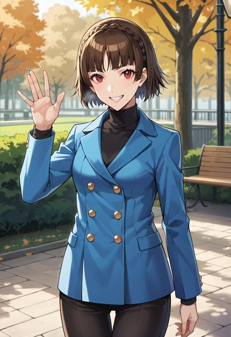 score_9, score_8_up, source_anime
1 girl, solo,
p5makoto, niijima makoto, brown hair, blunt bangs, crown braid, red eyes,
p5makoto-wintercas, black turtleneck, blue jacket, double-breasted jacket, gold buttons, black pants, pantyhose
outside, park, trees, foggy breath, standing, smile, teeth, looking at viewer, waving, cowboy shot
masterpiece, best quality, ultra detailed,