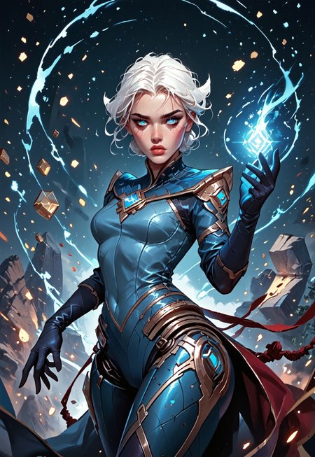 ((zPDXL3)), ((masterpiece,best quality, highly detailed)), ((score_9)), score_8_up, score_7_up, score_6_up, score_5_up, score_4_up, Digital painting style, brushstrokes, ((EnhanceImage)), solo, 1girl, CarmilleLoLPXL, blue eyes, white hair, short hair, wide hips, large breasts, blue gem, blue bodysuit, elbow gloves, black gloves, robot joints, wide hips, 
Expressiveh, 30yo, adult lustful confident woman, petite, slender body, perky saggy natural breasts, full lips, bangs, sidelocks, straps,
chinese magical sorceress, animated, swirling magic, wisps of magic, ((dancing pose)), tight squeezed outfit, magical accessories, evoking motion, conveying motion, dynamic splash art, 
<lora:PainterlyFantasiaPDXL:0.6>,