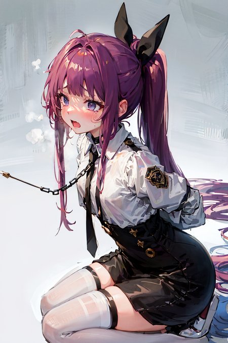 masterpiece,1girl,solo,  <lora:TashkentBoundV1-000006:1> ,purple hair, metal collar, tears,cry,tearing up, white legwear, chain leash,arms behind back:1.2,kneeling,bondage,bdsm, high ponytail,