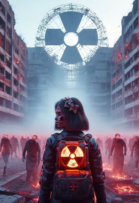 4D render, Chernobyl disaster, nuclear ,  Apocalypse,girl, detailed face, portrait, glowing x, minimalist outfit, anti social ,  zombies, ,cyberpunkartstyle,ruined ancient city,Professional styling, intricate details,8k post production, faithful, Religious denomination,