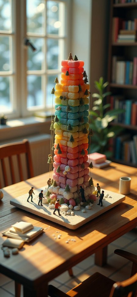(indoors,indoor,isometric view,side view,tilt-shift lens:2), (fna_style,miniature,miniature,diorama,miniature,diorama,PVC,plastic:2),sunset,winter giant (randomly multi stack up,multi layer of candy cubic vertical:2.5)  is located center, people are climbing with ropes, (in wooden square plate:3) (on table at study:3) <lora:Fantasy_Novel_Art_Style:1> <lora:Rostpunk:0.3>