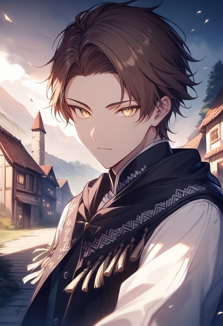 (best quality, masterpiece), 1 boy,18 years old, medieval village, dark mood, Arrogant,
brown hair,textured fringe, no bangs, blue and white color student uniform
 , looking at viewer, Unobtrusive golden eyes, Dull golden eyes,