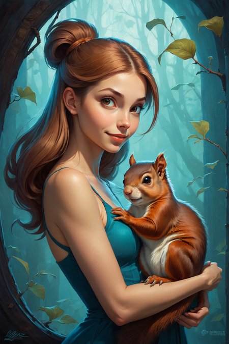 movie still <lora:juggernaut_cinematic:1.00> by  Lois van Baarle  and  Andrew Ferez  in the style of  Dorina Costras ,   cute 18 year old woman and her pet squirrel    <lora:more_art:0.30>
