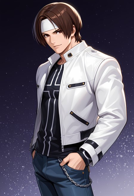 masterpiece, best quality, amazing quality, dutch angle, abstract background, BREAK
1boy, solo, male focus, kof_kyo, brown hair, curtained hair, white headband, brown eyes, white biker jacket, black shirt, jeans, wallet chain, BREAK
<lora:cfg_scale_boost:.6>  <lora:Kyo_Kusanagi_-_The_King_of_Fighters_-_ILXL:1>