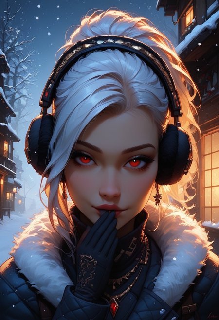 score_9, score_8_up, score_7_up, score_6_up, 1girl, solo, breasts, necklace, sexy face, ponytail hairstyle, winter coat, earmuffs, gloves, winter boots, white hair, long hair, red eyes, shy, beautiful lights, flirtatious, looking at viewer, seductive, Outside, snowing, snowflakes falling, 
going in for a kiss, about to kiss, 
View from the front, face focus, closeup, close up,